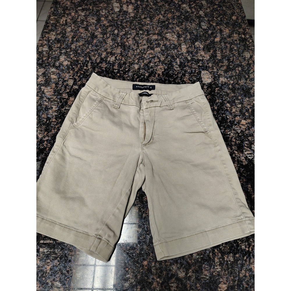 Aeropostale Womens 9 Inch Bermuda Shorts Khaki Tan Chino Size 000 Stretch Cotton